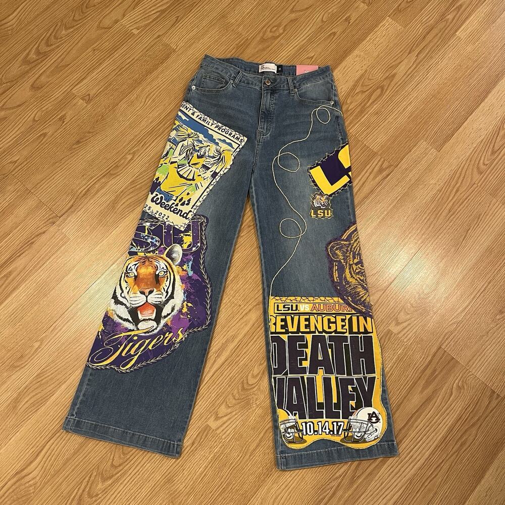 LSU Jeans Upcycled Denim Art To Wear Original One Of A Kind Tiger Fan SZ 13
